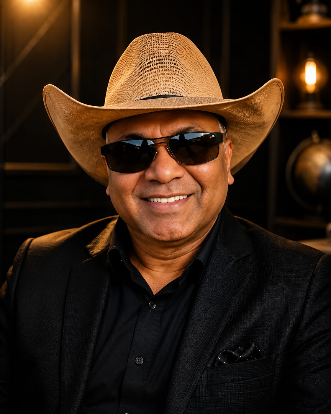 Portrait of Vipul C. Patel wearing a straw cowboy hat, sunglasses and a black suit