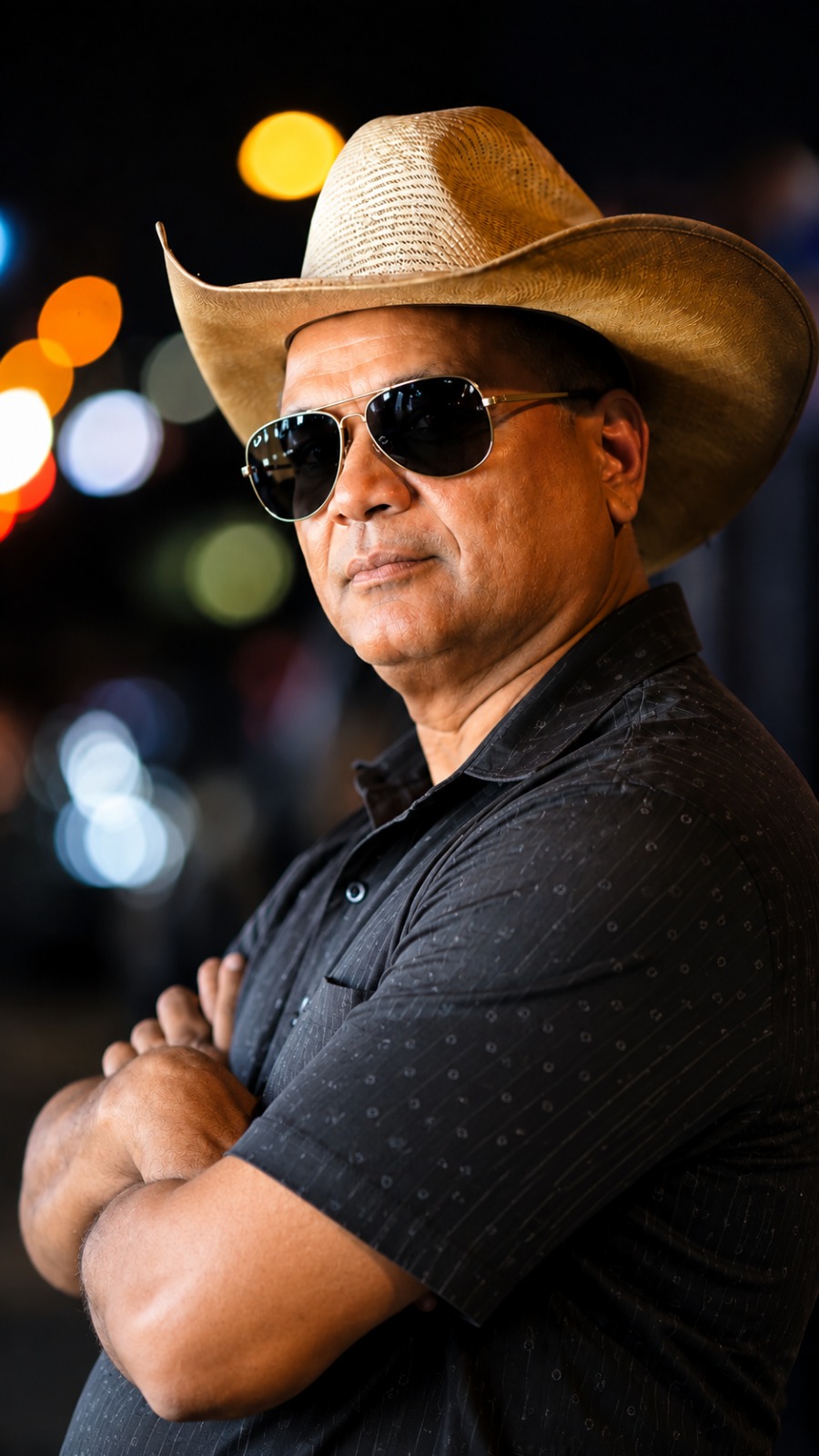 Vipul C. Patel standing with arms folded, wearing a cowboy hat and sunglasses at night