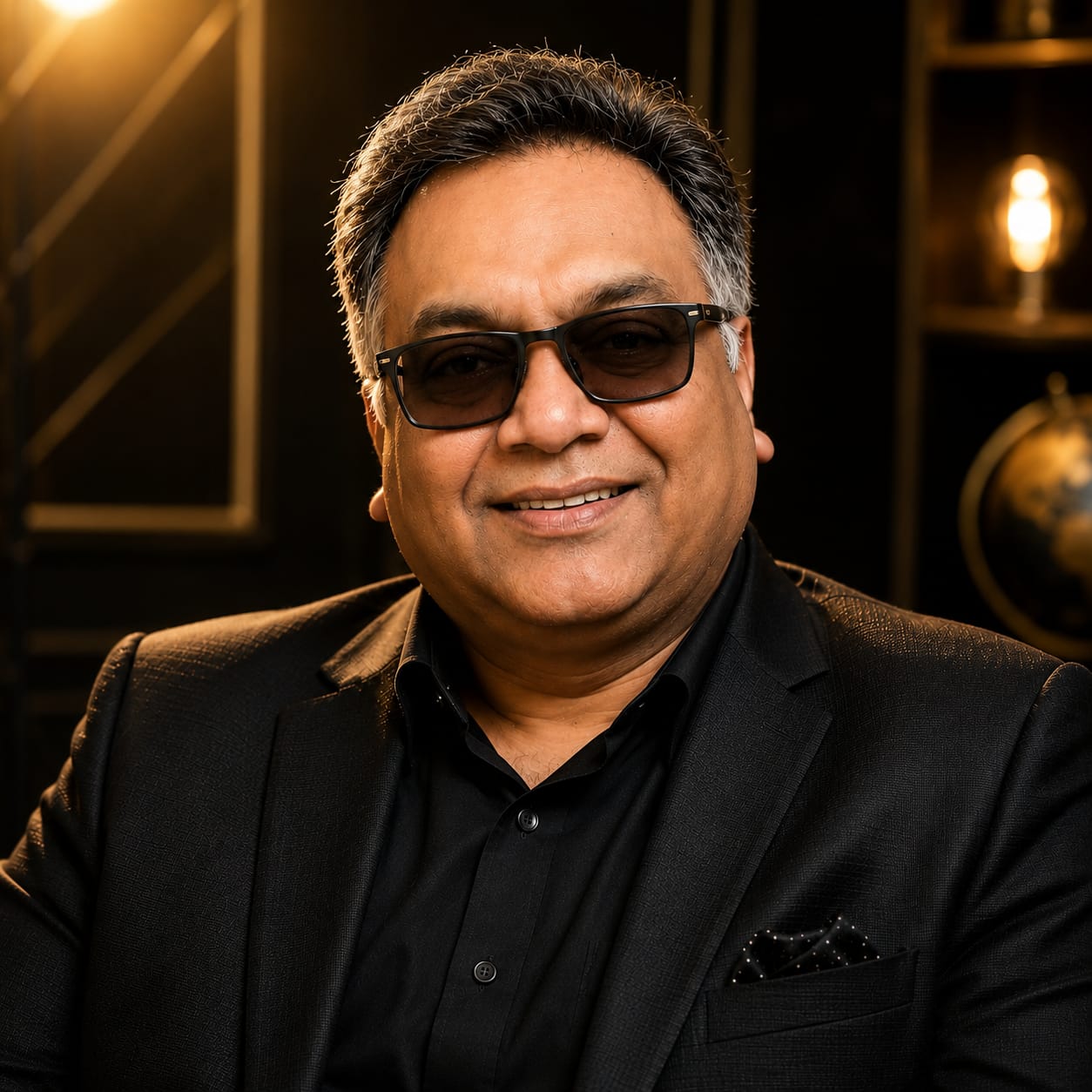 Vipul C. Patel in a black suit, photographed in a warmly lit studio